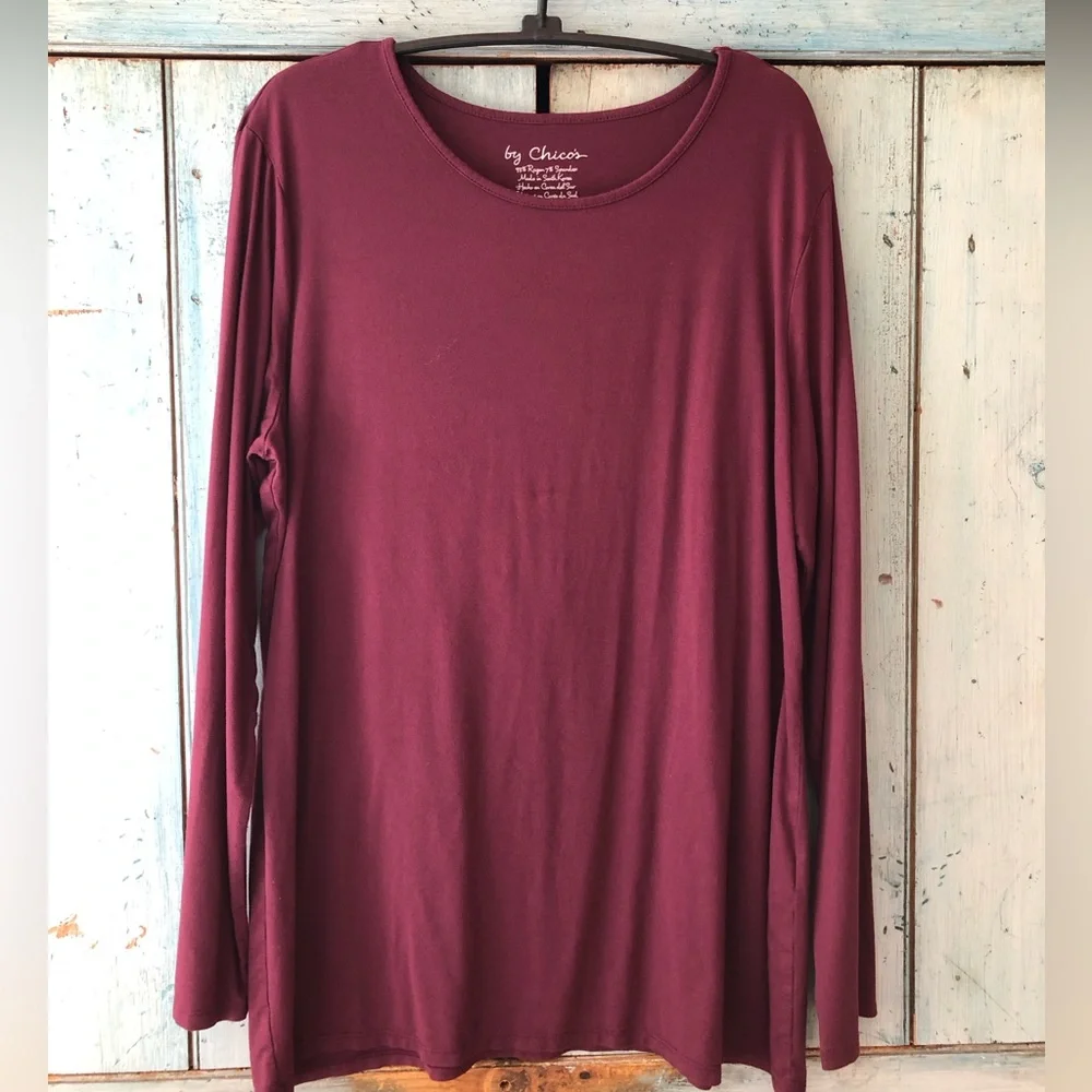 Chico’s round neck long-sleeve knit tee in eggplant, wear alone or under… - Picture 1 of 7
